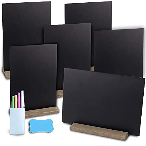 Chalkboard Signs - 6 Pack Mini Double Sided Blackboard Message Boards Rustic Wooden Stands with Chalk & Eraser